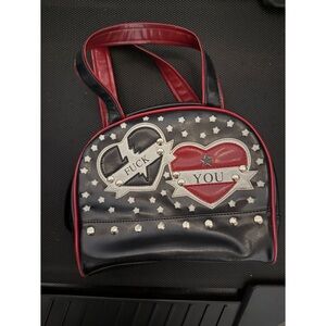 Demonia Black and Red Heart Studded Clutch